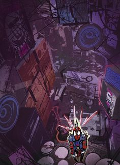 a spider - man is surrounded by boomboxes and speakers