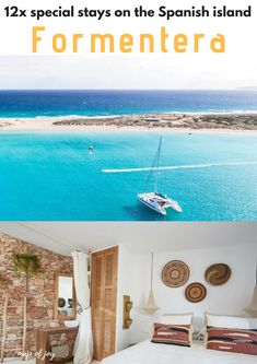 a bedroom with blue water and a sailboat on the beach in front of it