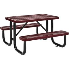 a red picnic table with two benches on each side and one bench at the end