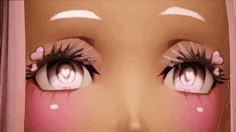 an animated image of a woman's face with pink eyes and eyelashes, looking at the camera