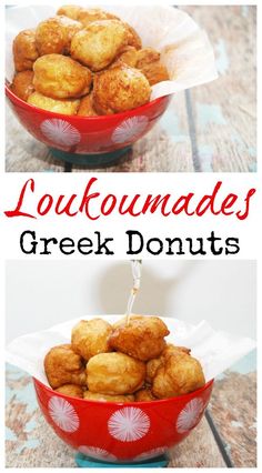 two pictures showing different types of food in red and white bowls with the words loufoundades greek donuts