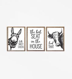 three wall hangings with animals on them and the words, the best seat in the house