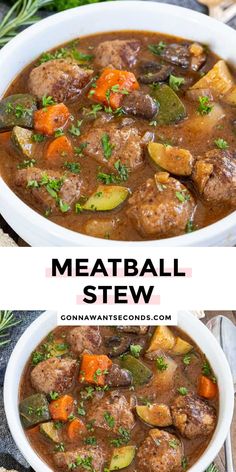 meatball stew in a white bowl with carrots and parsley