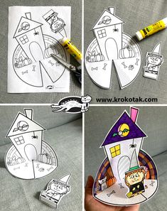 four pictures showing how to make a paper house with cut outs and glue on it