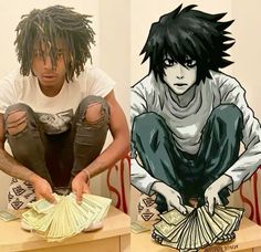 a man with dreadlocks sitting on top of a table next to another person holding money