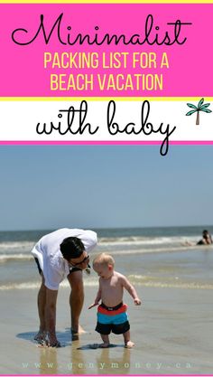 a baby standing on top of a beach next to an adult