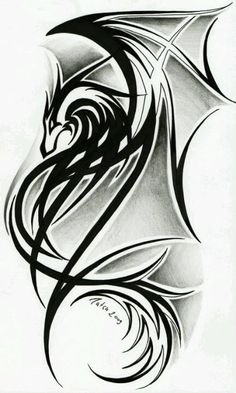 a black and white drawing of a dragon with swirls on it's back