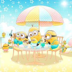 a group of minions sitting at a table under an umbrella