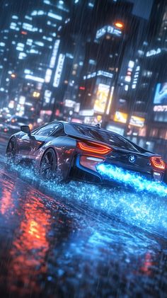 BMW car gritty, realistic imahe of a sports car driving through a wet city. the city is pale and the car has straight blue flames coming out the exhausts. most of the coloures in the image are slightly dull and muted, but the flames are bright