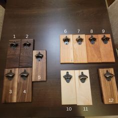 several different types of wooden cabinet doors with numbers on the front and back sides, including one for each door