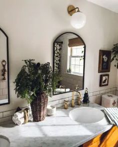 a bathroom with two sinks, mirrors and plants on the counter top in front of it