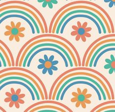 an image of colorful flowers and rainbows on a white wallpaper background with blue, green, yellow, orange, and pink colors