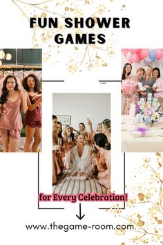 a collage of photos with the words fun shower games for every celebration