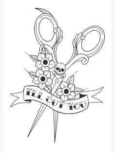 a drawing of scissors with flowers and ribbon around it that says, i love you