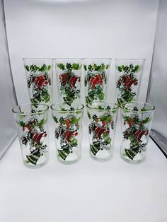 a set of six glasses with holly and red roses on the bottom, sitting in front of a white background