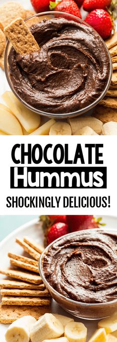 chocolate hummus and crackers on a plate with strawberries