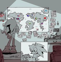 a drawing of sonic the hedgehog standing in front of a world map