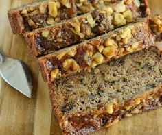 slices of banana nut bread on a cutting board