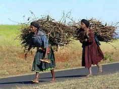 two women walking down the road carrying branches