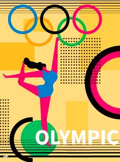 an olympic poster with a woman doing the splits in front of some circles and rings