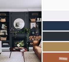 a living room filled with furniture and a fire place next to a wall covered in bookshelves