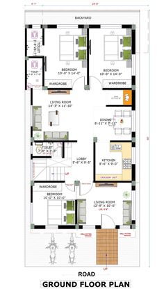 the ground plan for a two story house with three bedroom and an attached kitchen area