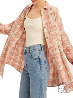 Oversized plaid button down top - Plaid printed soft textured cotton woven fabric - Classic collar detail - Button down on center front - Oversize - Long sleeves with buttons on cuffs - Rounded bottom hem - Model is 5' 8" 30-24-35 and wearing a size Small Fabric: 100% Cotton Oversized Flannel, Cotton Weaving, Bell Bottom Jeans, Woven Fabric, Kimono Top, Lilac, Plaid, Long Sleeves, Boutique