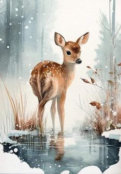 a painting of a fawn standing in the snow next to a body of water