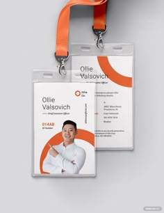 an orange and white id card with a lanyard