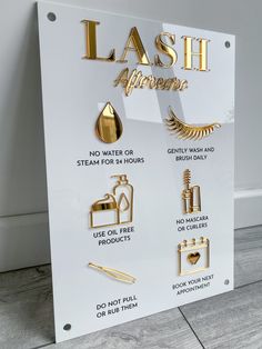 Stand out with a sign with our stunning aftercare signs  Lash aftercare advice signage for your salon, beauty room, or aesthetics room. Beautiful 3D mirror titles and icons are available in gold mirror, rose gold mirror or silver. Size: Approximately size A3  Customise: Choose your colours from the drop-down menu. The 2D instructional writing will be white if the black base or the pink base is chosen and black on all other bases Made from 2 layers of 3mm acrylic  *Note on fixing your sign to the Lash Room Decor Ideas, Spa Sign, Beauty Sign, Lash Aftercare, Lash Room Ideas, Eyelash Care, Dark Text, Tech Room, Lash Room Decor