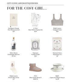 the gift guide for the cosy girl is shown in white and has various items on it