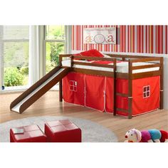 a child's bedroom with red and white striped walls, wooden flooring and furniture