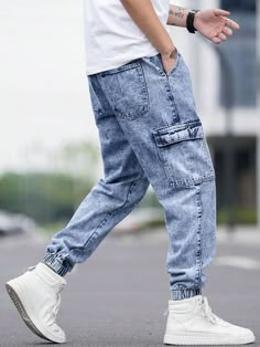 Men Flap Pocket Side Drawstring Waist Cargo Jeans | SHEIN USA Estilo Hipster, Trendy Boy Outfits, Casual Cargo Pants, 2024 Outfits, Jersey Outfit, Design Dresses, African Design Dresses, Mens Fashion Suits