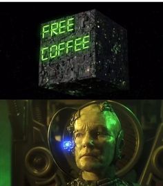 two pictures with the words free coffee and an image of a man in a space suit