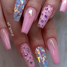 Long Nail Designs, Dope Nail Designs, Pink Acrylic Nails, Uñas Acrilicas, Holographic Nails, Beautiful Nail Designs