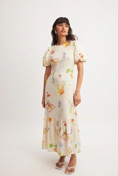 Linen Blend Puffy Sleeve Midi Dress Multicolor | NA-KD Rita Montezuma, Backless Midi Dress, Montezuma, Low Waist Jeans, Sleepwear Sets, Sleeve Midi Dress, Wedding Guest Dress Summer, Midi Dress With Sleeves, Daily Dress