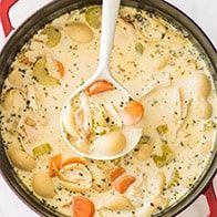 a pot filled with chicken and dumpling soup on top of a red table cloth