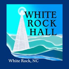 the white rock hall logo is shown on a blue background with water and mountains in the background