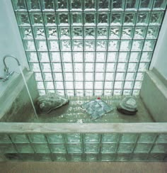 a glass block wall in the corner of a bathtub filled with rocks and water