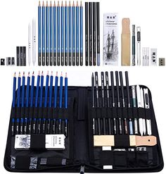 an assortment of art supplies including pencils, markers and pens in a black case