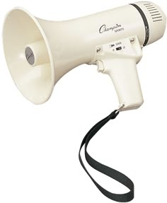 a white megaphone with a black cord attached to it