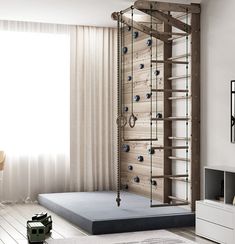 a room with a bed and a ladder in it