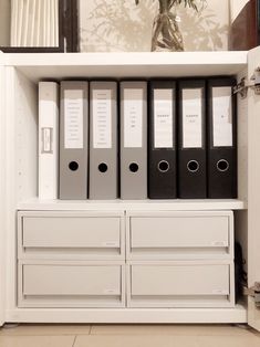 a white cabinet filled with files next to a potted plant on top of a table