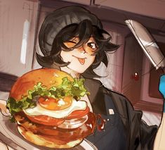 a man holding a giant hamburger with lettuce and tomato on it