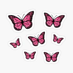 six pink butterflies stickers on a white background, each with different shapes and sizes