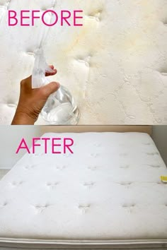 the mattress before and after it was cleaned with water in its bottle, which is being used as a dispenser