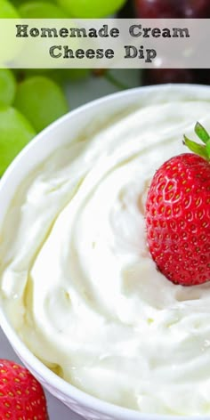 homemade cream cheese dip in a white bowl with strawberries on the side and text overlay