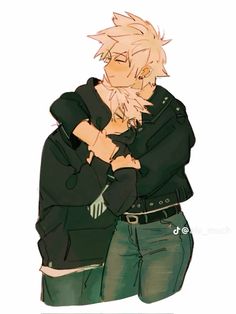 an anime character with blonde hair and green pants hugging another person's chest, both wearing