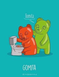 two cartoon bears sitting next to each other in front of a toilet with the caption gomita written above it