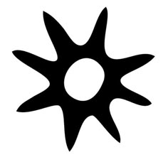 a black and white image of a sun with four pointed petals on the center, as if it were an ornament